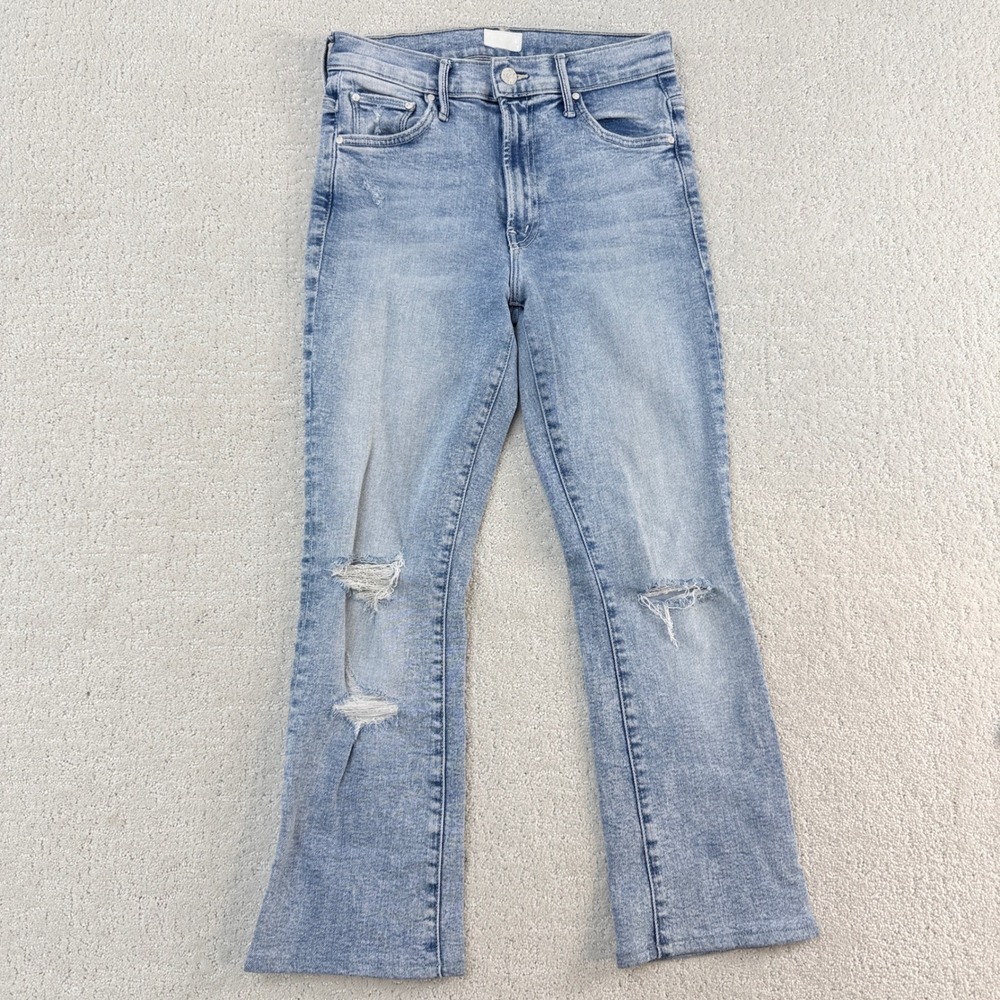 MOTHER The Insider High Rise Distressed Flare Jeans Love In A Boat Blue Size 28